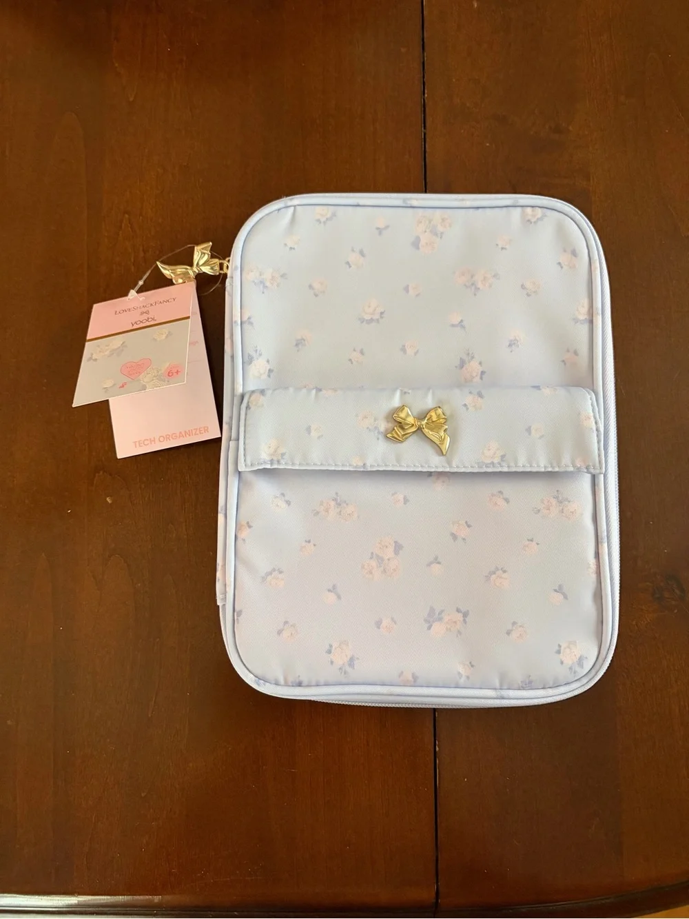 Love Shack Fancy Pastel Blue Floral Tech Organizer Pouch with Gold Bow